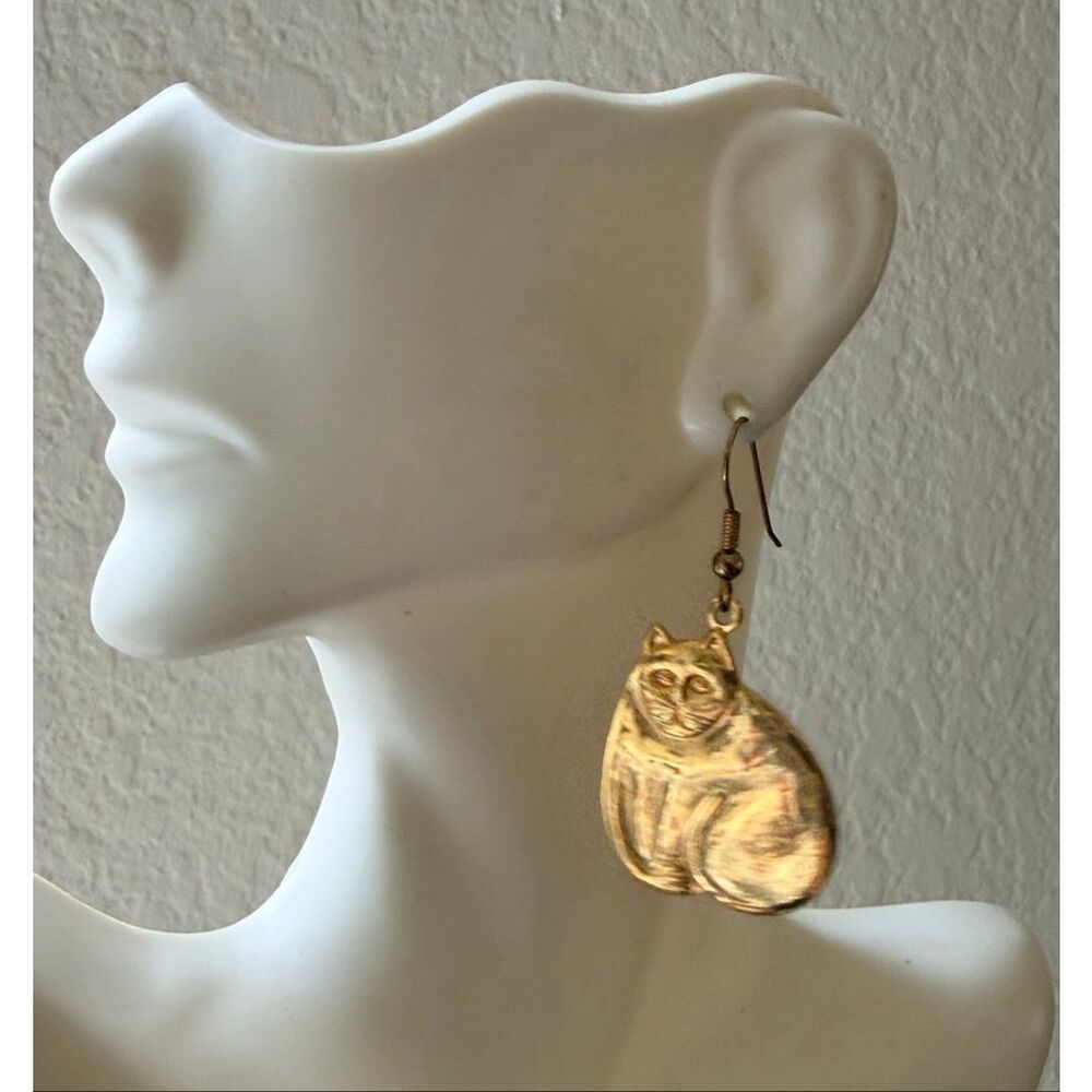 MEOW Gold Tone Cat Dangle Earrings - Picture 2 of 5